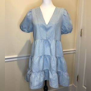 ZARA Blue V-Neck Short Puff Sleeve Babydoll Dress w Tiered Skirt Sz MD
